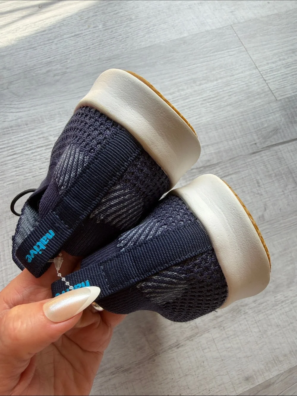 Native Men's Slip-On Knit Sneakers in Navy with Black Laces, Size 7.